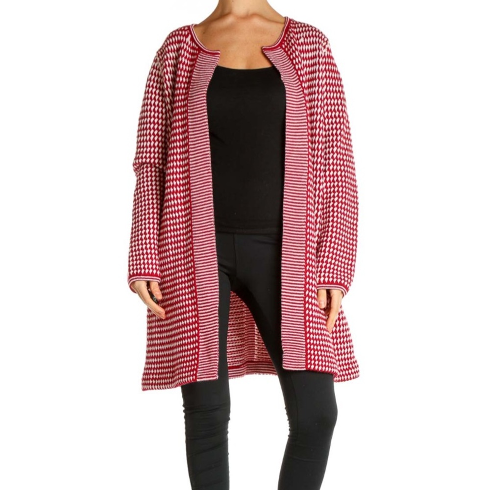 Talbots Merino Wool Red White Longline Chunky Knit Cardigan Sweater Petite